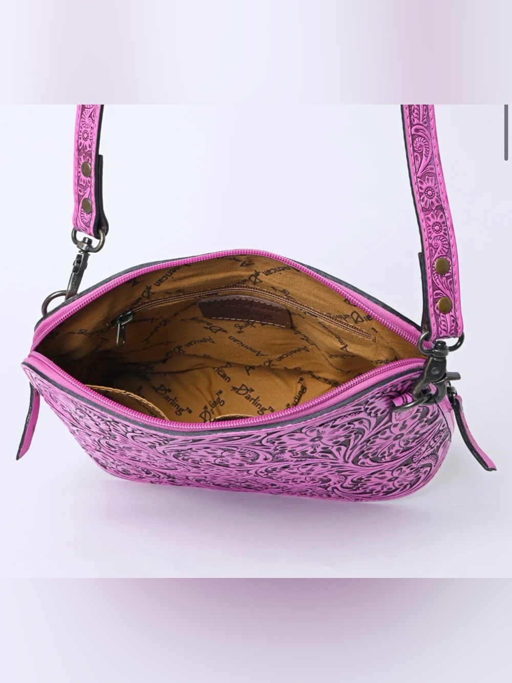 Western Bag Floral Tooled Pink Leather Crossbody Bag - Picture 6 of 6